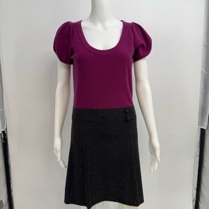 Qi Cashmere Knit Dress Size M Cashmere Puff Sleeve Color Block Short Sleeves